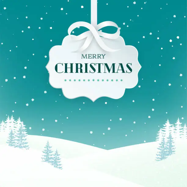 Vector illustration of Night winter scene landscape background with snowy field and fir trees. Paper 3d label with silver bow and ribbon on the teal background with falling snow. Merry Christmas nature background. Vector.