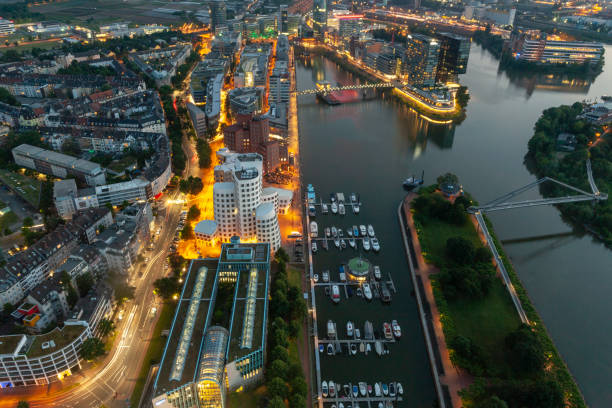 Media Harbour at night, Düsseldorf Aerial view of the Media Harbour at night, Düsseldorf, Germany. media harbor photos stock pictures, royalty-free photos & images