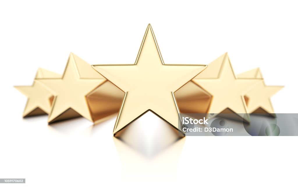 Five gold stars Five gold stars isolated on white background Star Shape Stock Photo