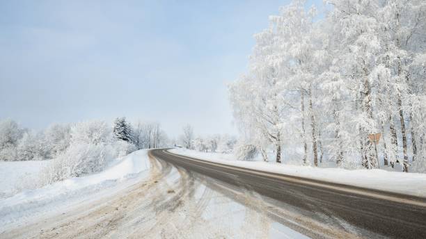 istock Tracks on a snowy rural road with birch trees 1059171470