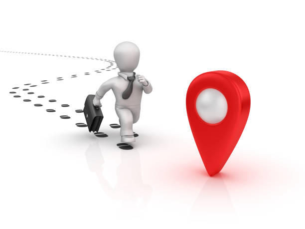Business Person Running on Footprints with GPS Marker - White Background - 3D Rendering