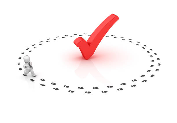 Business Person Running on Footprints with Check Mark - White Background - 3D Rendering