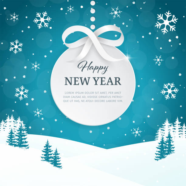 illustrazioni stock, clip art, cartoni animati e icone di tendenza di sfondo del biglietto d'auguri di natale e felice anno nuovo con fiocchi di neve. sfondo paesaggistico della scena invernale con neve che cade. palla di natale con l'arco e il nastro d'argento. etichetta 3d di carta. vettore. - christmas christmas ornament backgrounds snow