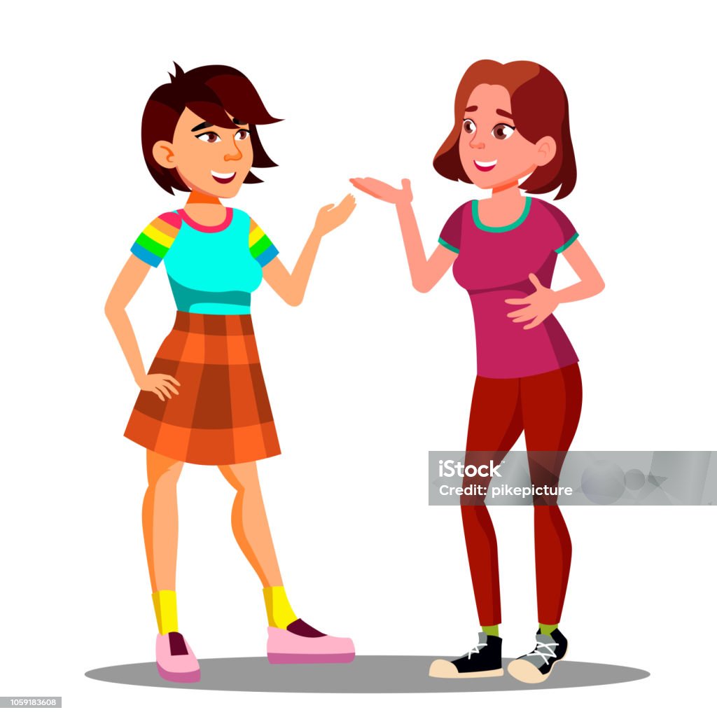 Two Young Girls Actively Discuss With Gestures Vector. Isolated Illustration Two Young Girls Actively Discuss With Gestures Vector. Illustration Talking stock vector