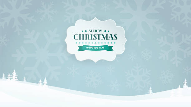 Paper 3D banner with Christmas and New Year Typographical vintage badge on the winter landscape background with snowflake silhouettes and trees. Flat, minimal and clean design. Vector Illustration. Paper 3D banner with Christmas and New Year Typographical vintage badge on the winter landscape background with snowflake silhouettes and trees. Flat, minimal and clean design. Vector Illustration. tree cutting silhouette stock illustrations