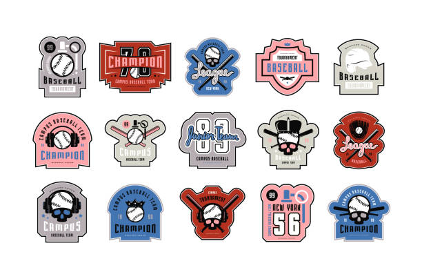embleme und abzeichen set von campus-baseball-turnier - skull baseball ball stock-grafiken, -clipart, -cartoons und -symbole