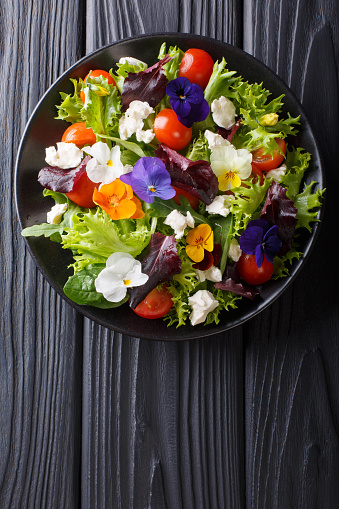 Fresh organic salad from edible flowers with lettuce, tomatoes and cream cheese close-up on the table. Vertical top view from above