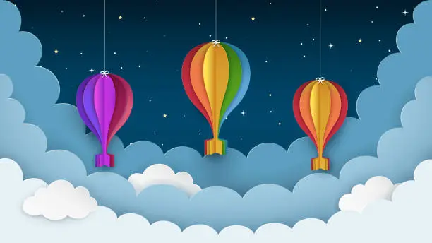 Vector illustration of Colorful hot air balloons, stars and clouds on the dark night sky background. Night scene background. Hanging paper crafts with ribbons and bows. Paper cut style. Vector Illustration.