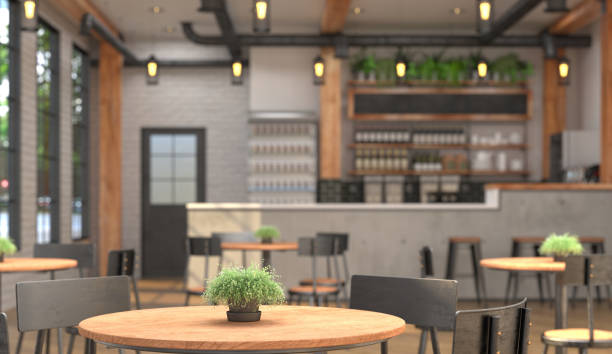 istock Interior of a cafe with a bar counter. Blurred background and table surface in the foreground. 1059205920