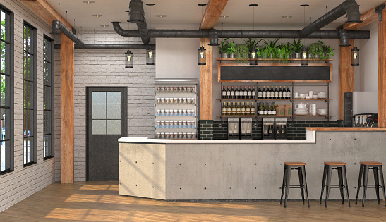 3D visualization of the interior of a cafe with a bar counter.