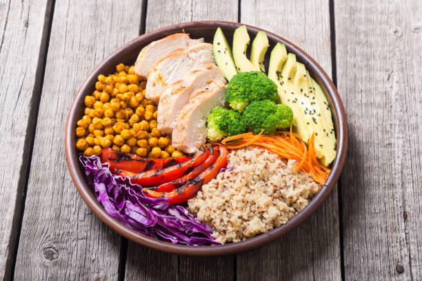 istock Buddha bowl with avocado , chicken , pepper , quinoa and chickpea 1059208298
