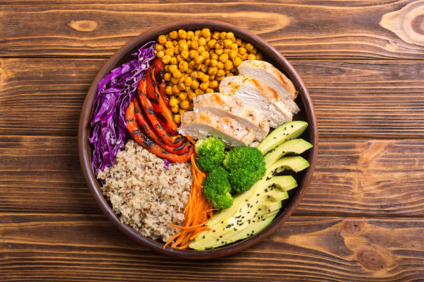 istock Buddha bowl with avocado , chicken , pepper , quinoa and chickpea 1059208312