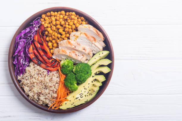 istock Buddha bowl with avocado , chicken , pepper , quinoa and chickpea 1059208420