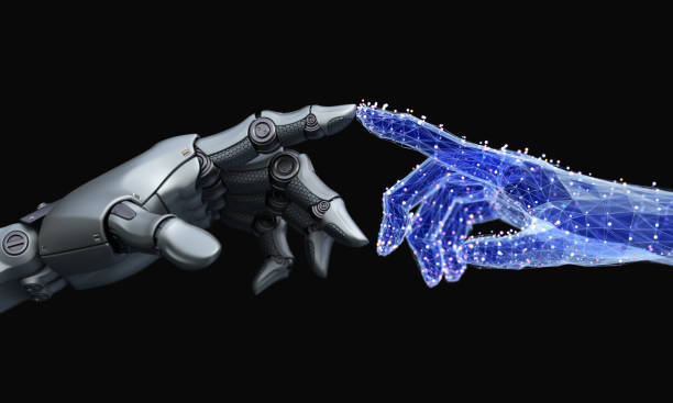 istock Robot's hand touches virtual hand made of net 1059209432