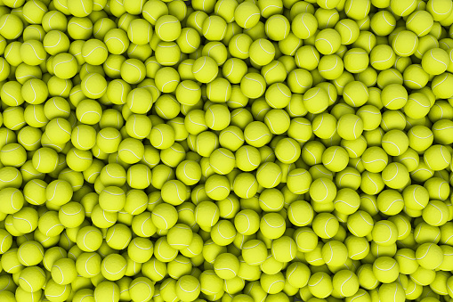 3d rendering of many acid yellow tennis balls lying in a heap as seen from above. Tennis equipment. Sport gear. Abundance of potential scores.