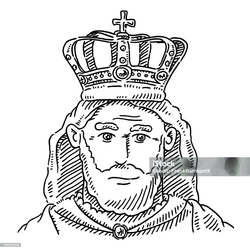 King Portrait Crown Monarch Drawing Hand-drawn vector drawing of a King Portrait with a Crown, Monarch. Black-and-White sketch on a transparent background (.eps-file). Included files are EPS (v10) and Hi-Res JPG. King - Royal Person stock vector