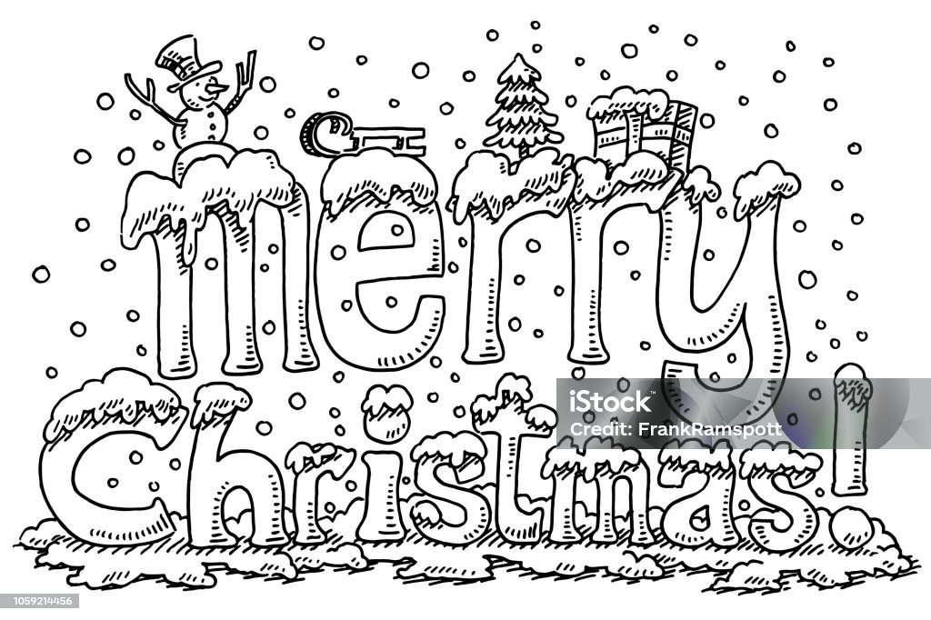 Merry Christmas Symbols Text Snow Drawing Hand-drawn vector drawing of a Merry Christmas Text with Holiday symbols, Fir Tree, Snowman, Sleigh, Gift Box and Snow. Black-and-White sketch on a transparent background (.eps-file). Included files are EPS (v10) and Hi-Res JPG. Snowman stock vector