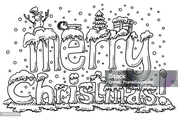 Merry Christmas Symbols Text Snow Drawing Stock Illustration - Download Image Now - Snowman, Animal Sleigh, Black And White