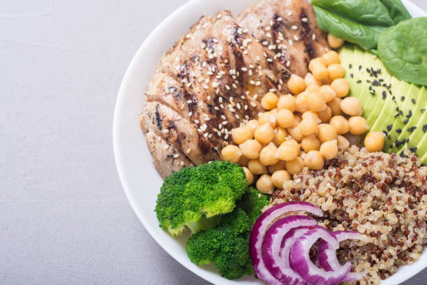 istock Buddha bowl with broccoli , quinoa , grilled chicken , avocado and spinach 1059214508