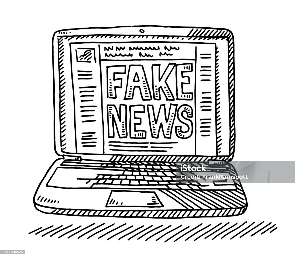 Fake News Social Network Laptop Computer Drawing Hand-drawn vector drawing of a Laptop Computer with Fake News Text on the Social Network window. Black-and-White sketch on a transparent background (.eps-file). Included files are EPS (v10) and Hi-Res JPG. Fake News stock vector
