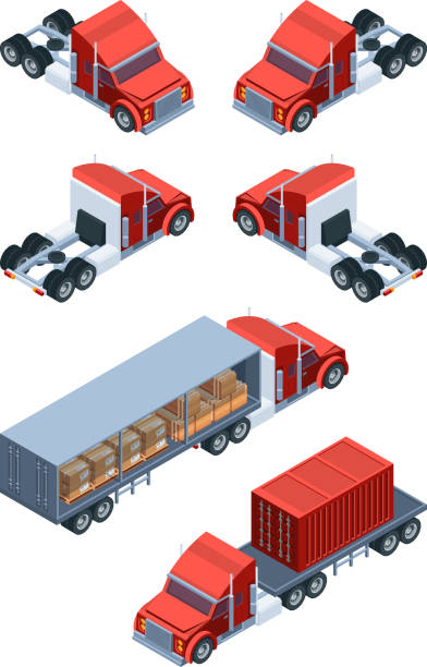 ilustrações, clipart, desenhos animados e ícones de transporte de mercadorias diversas. fotos de caminhões isométricas - heavy pattern industry business