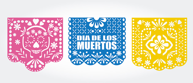 Dia de los muertos (day of the dead) Mexican  traditional bunting banner vector. Papel picado template.