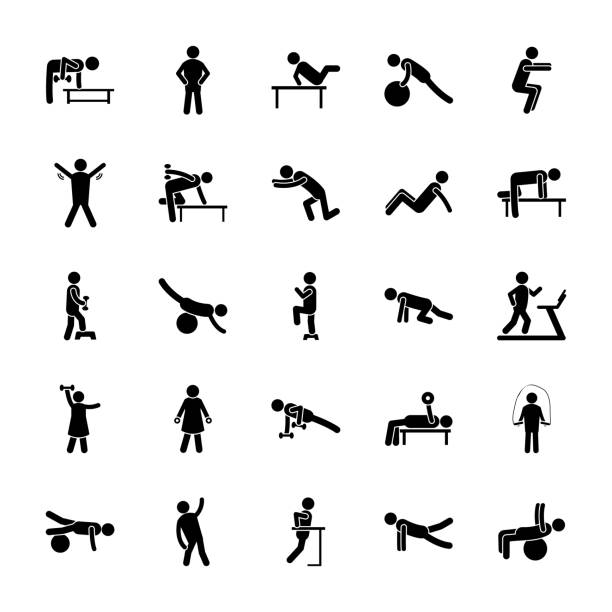 Physical Fitness Glyph Icons Pack An admirable set of healthcare exercise glyph icons set which are crucial and hit individual’s life routine and goals. By holding this amazing pack you can see icons like, artistic gymnastic, gym dumbbells, treadmill, aerobics and many more. Avail this pack and use it in related projects. jumping jacks stock illustrations