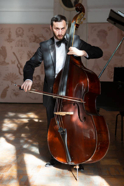 A man’s hand touches the strings of an old double bass musical instrument