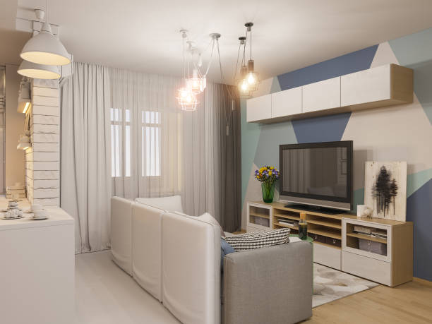 istock 3d illustration living room and kitchen interior design. Modern studio apartment in the Scandinavian minimalist style ambient occlusion 1059233274