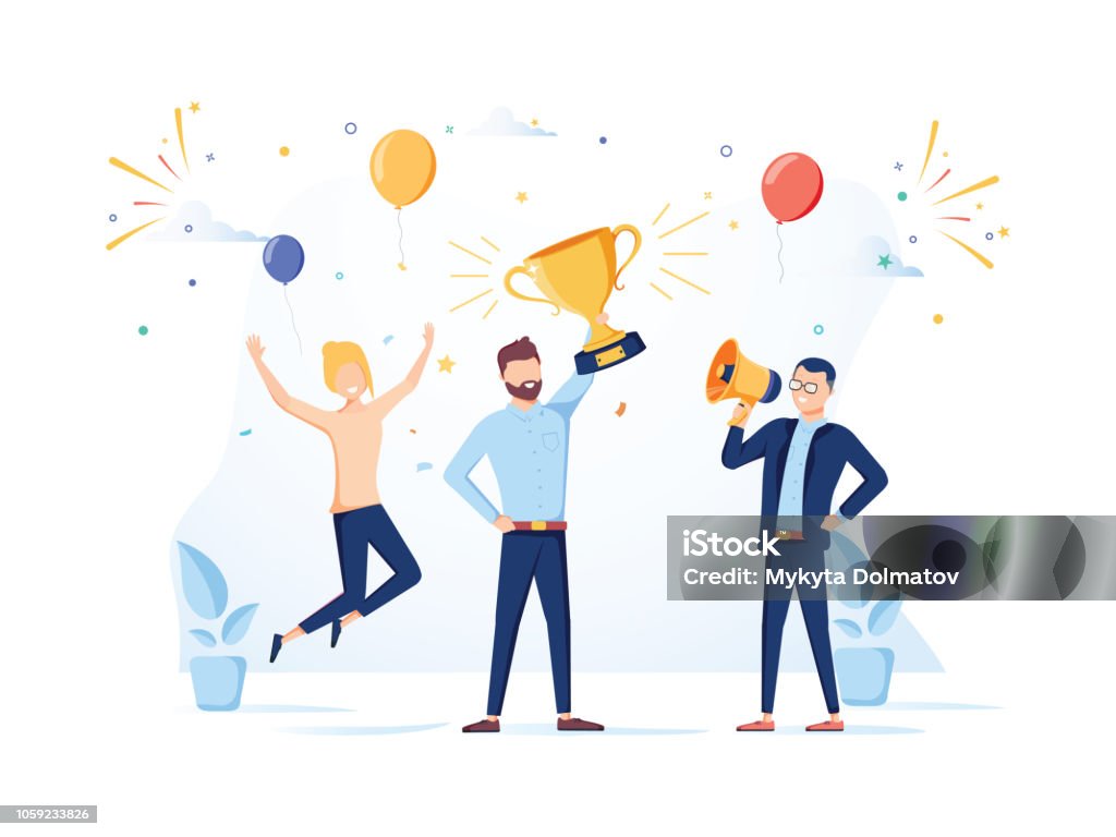 Team Success vector concept. Business people celebrating victory. Man holding gold cup. Flat Vector illustration. Team Success vector concept. Business people celebrating victory. Man holding gold cup. Flat Vector illustration. Achievement reward. Businessman and businesswoman happy in office. Victory prize Success stock vector