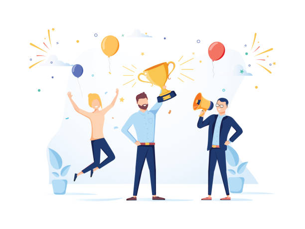 Team Success vector concept. Business people celebrating victory. Man holding gold cup. Flat Vector illustration. Team Success vector concept. Business people celebrating victory. Man holding gold cup. Flat Vector illustration. Achievement reward. Businessman and businesswoman happy in office. Victory prize super money stock illustrations