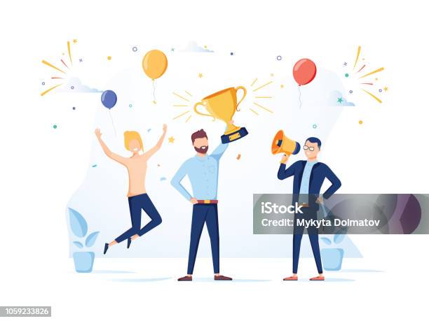 Team Success Vector Concept Business People Celebrating Victory Man Holding Gold Cup Flat Vector Illustration Stock Illustration - Download Image Now