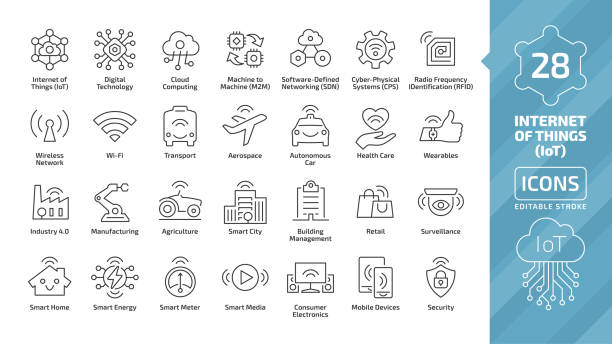 ベクトル編集可能なストロークの線の事アイコンのインターネット設定ワイヤレス ネットワークとクラウドコンピューティング デジタル iot 技術。スマート ホーム、都市、m2m、4.0、ヘルス� - sensor点のイラスト素材／クリップアート素材／マンガ素材／アイコン素材