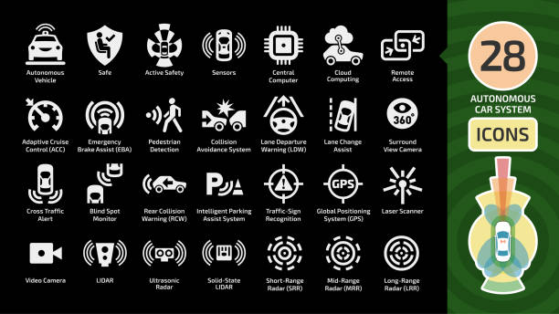 Vector autonomous self drive car sensor control system icon set on a black background. Driverless vehicle advanced assistance remote technology with cameras and radars sign. vector art illustration