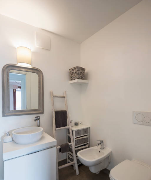 istock Elegant bathroom with dark tiles 1059236644