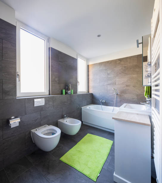 istock Elegant bathroom with dark tiles 1059237858