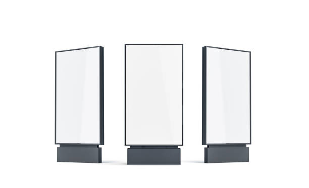 Blank white pylon mock up set, isolated, Blank white pylon mock up set, isolated, 3d rendering. Empty street banner mockup, front, left and right side view. Clear outdoor screen for advertising. Digital signage template. print ad mockup stock pictures, royalty-free photos & images
