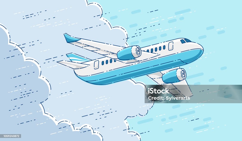 Plane passenger airliner flying in the sky surrounded by clouds, beautiful thin line 3d vector illustration. Airplane stock vector