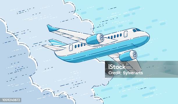Plane Passenger Airliner Flying In The Sky Surrounded By Clouds Beautiful Thin Line 3d Vector Illustration Stock Illustration - Download Image Now