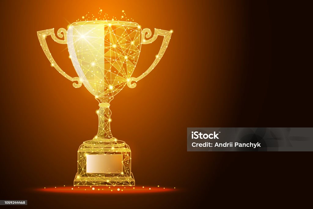 Low poly illustration of the winner cup a golden dust effect, with space for your text Low poly illustration of the winner cup a golden dust effect. Polygonal wireframe from dots and lines, abstract design. Digital graphics vector illustration. For Poster, Cover, Label, Sticker, Business Card Trophy - Award stock vector