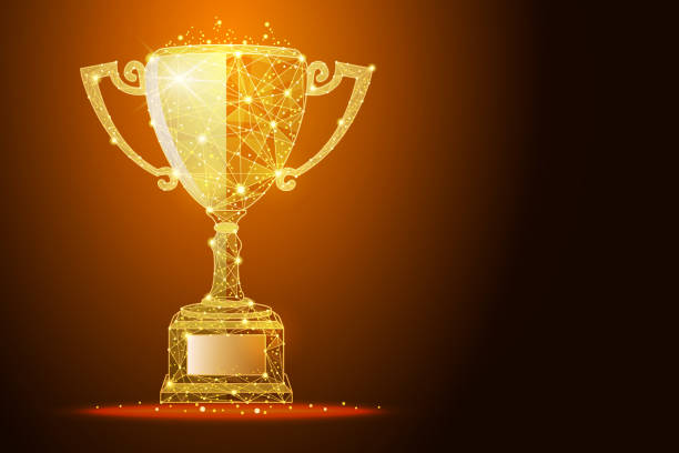 Low poly illustration of the winner cup a golden dust effect, with space for your text Low poly illustration of the winner cup a golden dust effect. Polygonal wireframe from dots and lines, abstract design. Digital graphics vector illustration. For Poster, Cover, Label, Sticker, Business Card ceremony illustrations stock illustrations