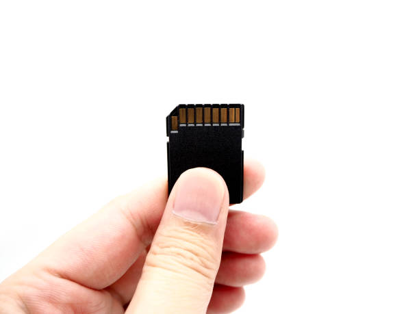 istock Hand holding a memory card isolated on white background. 1059246012