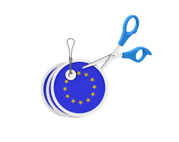 price shopping tag with eu flag and scissors - 3d rendering - selling buy cube three dimensional shape imagens e fotografias de stock
