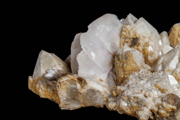 istock Macro mineral stone Snow quartz with calcite on a black background 1059249328