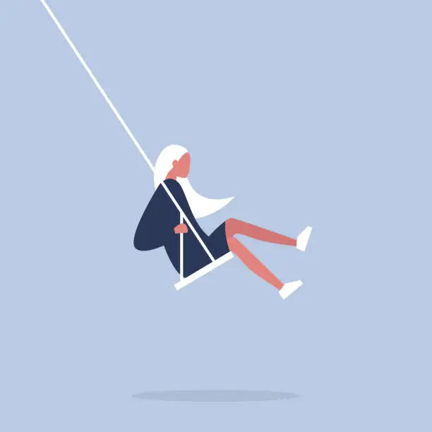 Vector illustration of Young female character sitting on a swing. Modern lifestyle. Having fun. Flat editable vector illustration, clip art