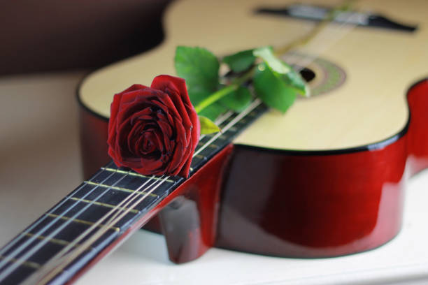 istock Red rose on the guitar 1059254964