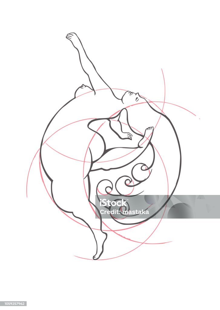 Dance nude plump girls. Vector Illustration A conceptual image of a naked plump girl who takes her body as it is. Classic ink illustration in vector. Active Lifestyle stock vector