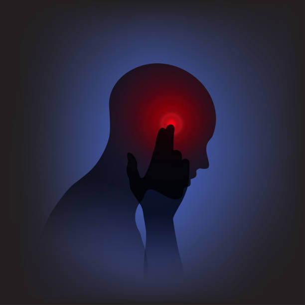 Head and  Pain Man having headache, migraine, pain, pressing hand to head. Vector illustration, neon light style, concept for health problems, stress work, tired, suffer,emotion, frustrated headache stock illustrations