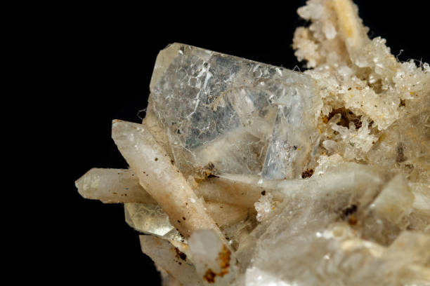 istock Macro mineral stone fluorite with quartz against black background 1059262430