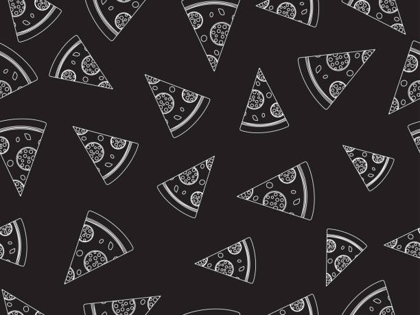 illustrazioni stock, clip art, cartoni animati e icone di tendenza di le fette di pizza disegnate a mano vettoriali senza soluzione di continuità doodle su sfondo scuro - seamless restaurant vegetable tomato